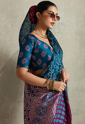 Bandhej Printed Satin Saree in Teal Blue