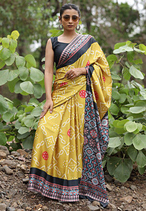 Bandhej Printed Satin Saree in Yellow