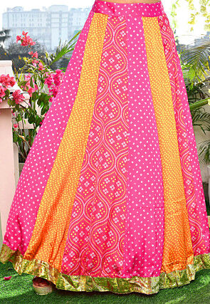 Bandhej Printed Satin Silk A Line Skirt in Multicolor