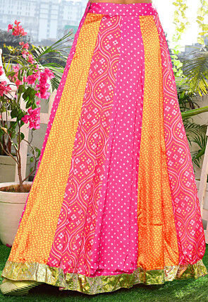 Bandhej Printed Satin Silk A Line Skirt in Multicolor