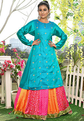 Bandhej Printed Satin Silk A Line Skirt in Multicolor