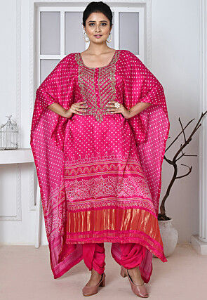Bandhej Printed Satin Silk Kaftan Dhoti Set in Magenta
