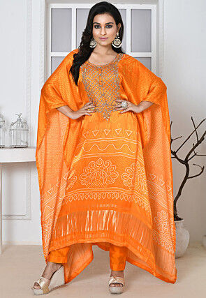 Bandhej Printed Satin Silk Kaftan Set in Orange