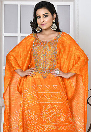 Bandhej Printed Satin Silk Kaftan Set in Orange