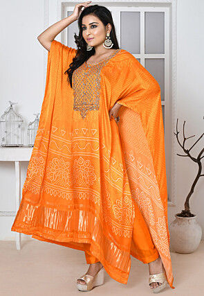 Bandhej Printed Satin Silk Kaftan Set in Orange