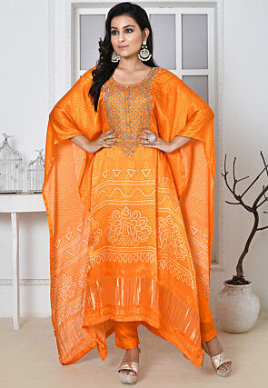 Bandhej Printed Satin Silk Kaftan Set in Orange