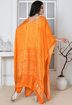 Bandhej Printed Satin Silk Kaftan Set in Orange