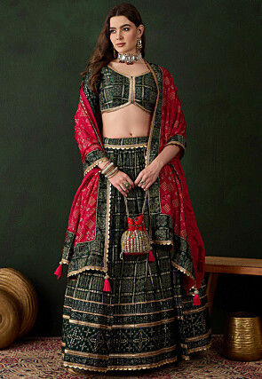 Bandhej Printed Satin Silk Lehenga in Dark Green