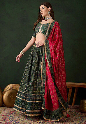 Bandhej Printed Satin Silk Lehenga in Dark Green