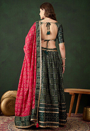Bandhej Printed Satin Silk Lehenga in Dark Green