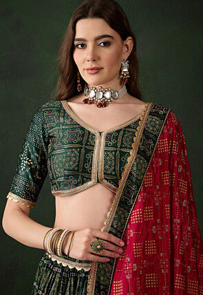Bandhej Printed Satin Silk Lehenga in Dark Green