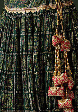 Bandhej Printed Satin Silk Lehenga in Dark Green