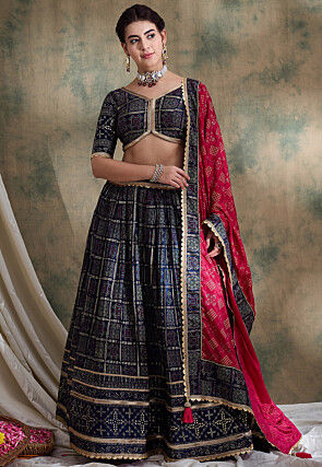 Bandhej Printed Satin Silk Lehenga in Navy Blue