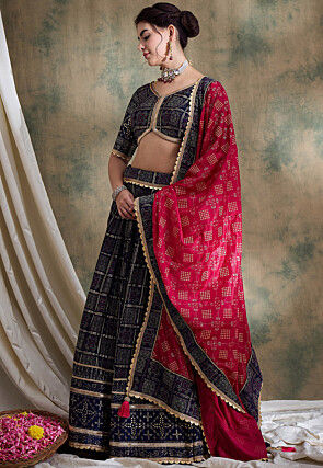 Bandhej Printed Satin Silk Lehenga in Navy Blue