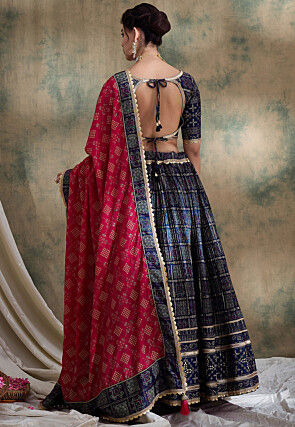 Bandhej Printed Satin Silk Lehenga in Navy Blue