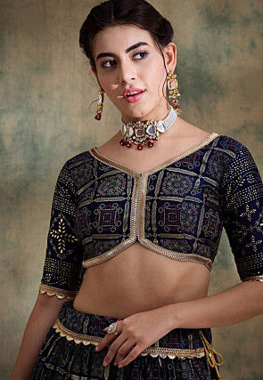 Bandhej Printed Satin Silk Lehenga in Navy Blue