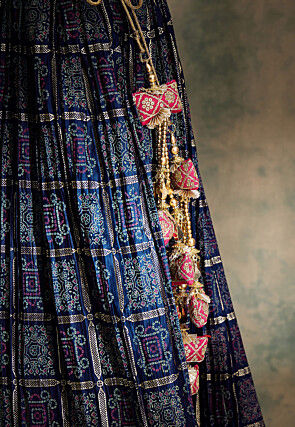 Bandhej Printed Satin Silk Lehenga in Navy Blue