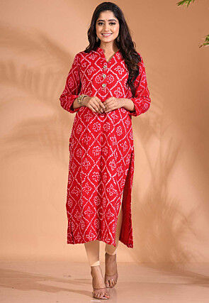 Bandhej Printed Satin Straight Kurta Set in Red