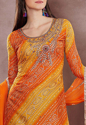 Bandhej Printed Super Net Straight Suit in Orange