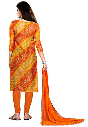 Bandhej Printed Super Net Straight Suit in Orange
