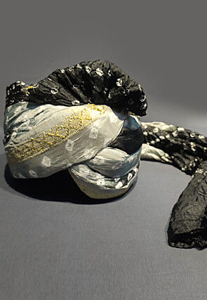 Bandhej Printed Taffeta Silk Turban in Black and Grey