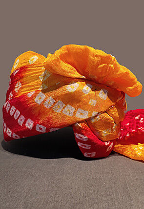 Bandhej Printed Taffeta Silk Turban in Mustard and Red