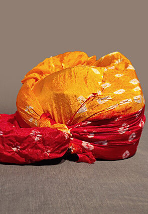 Bandhej Printed Taffeta Silk Turban in Mustard and Red