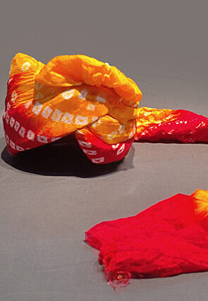 Bandhej Printed Taffeta Silk Turban in Mustard and Red