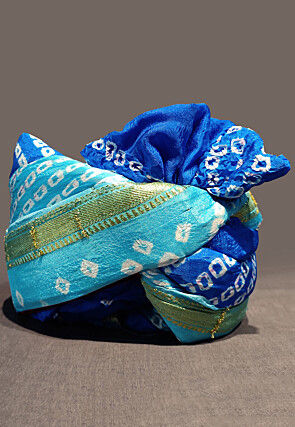 Bandhej Printed Taffeta Silk Turban in Shaded Blue