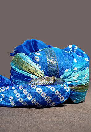Bandhej Printed Taffeta Silk Turban in Shaded Blue