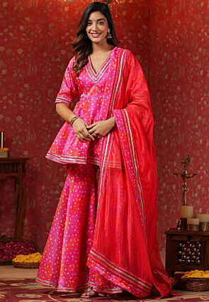 Bandhej Printed Tissue Organza Pakistani Suit in Fuchsia