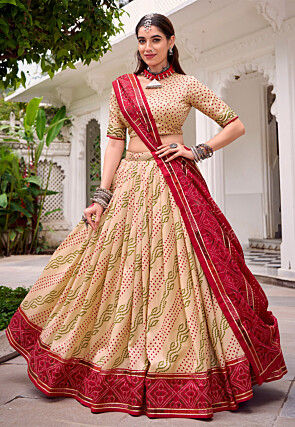 Bandhej Printed Tussar Silk Lehenga in Beige