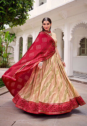 Bandhej Printed Tussar Silk Lehenga in Beige