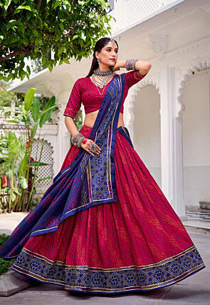 Bandhej Printed Tussar Silk Lehenga in Fuchsia