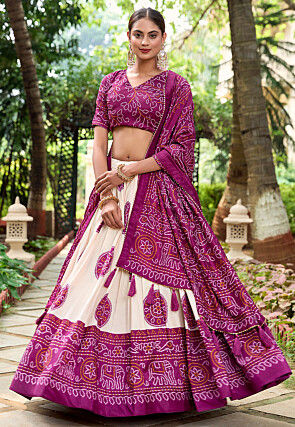 Bandhej Printed Tussar Silk Lehenga in Off White