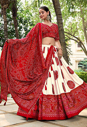 Bandhej Printed Tussar Silk Lehenga in Off White