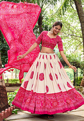 Bandhej Printed Tussar Silk Lehenga in Off White