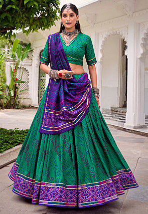 Bandhej Printed Tussar Silk Lehenga in Teal Green
