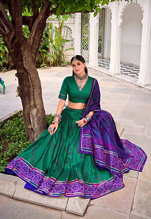 Bandhej Printed Tussar Silk Lehenga in Teal Green