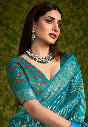 Bandhej Printed Tussar Silk Saree in Blue