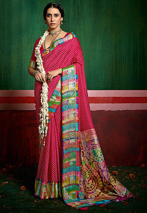 Bandhej Printed Tussar Silk Saree in Fuchsia