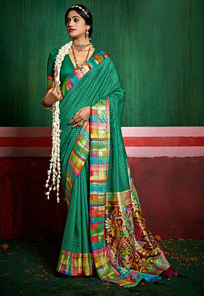 Bandhej Printed Tussar Silk Saree in Green