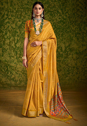 Bandhej Printed Tussar Silk Saree in Mustard