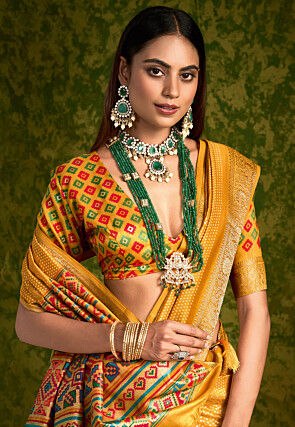 Bandhej Printed Tussar Silk Saree in Mustard