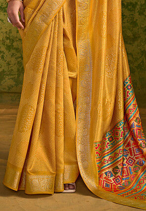 Bandhej Printed Tussar Silk Saree in Mustard