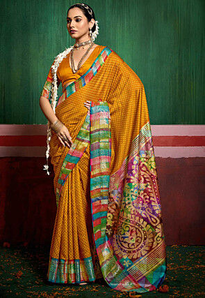 Bandhej Printed Tussar Silk Saree in Mustard
