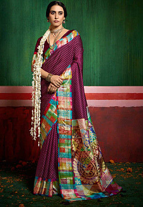 Bandhej Printed Tussar Silk Saree in Purple
