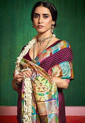 Bandhej Printed Tussar Silk Saree in Purple