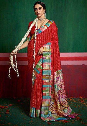 Bandhej Printed Tussar Silk Saree in Red
