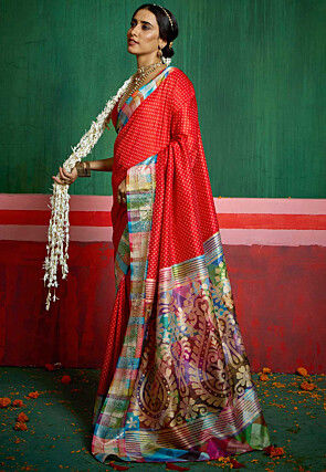 Bandhej Printed Tussar Silk Saree in Red